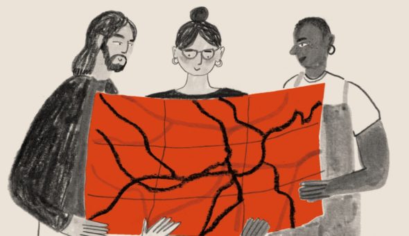 Illustration of three people holding a large orange map of many roads and paths