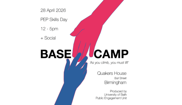 Two hands reaching out to each other between the words Base and Camp, with the slogan "as you climb, you must lift"