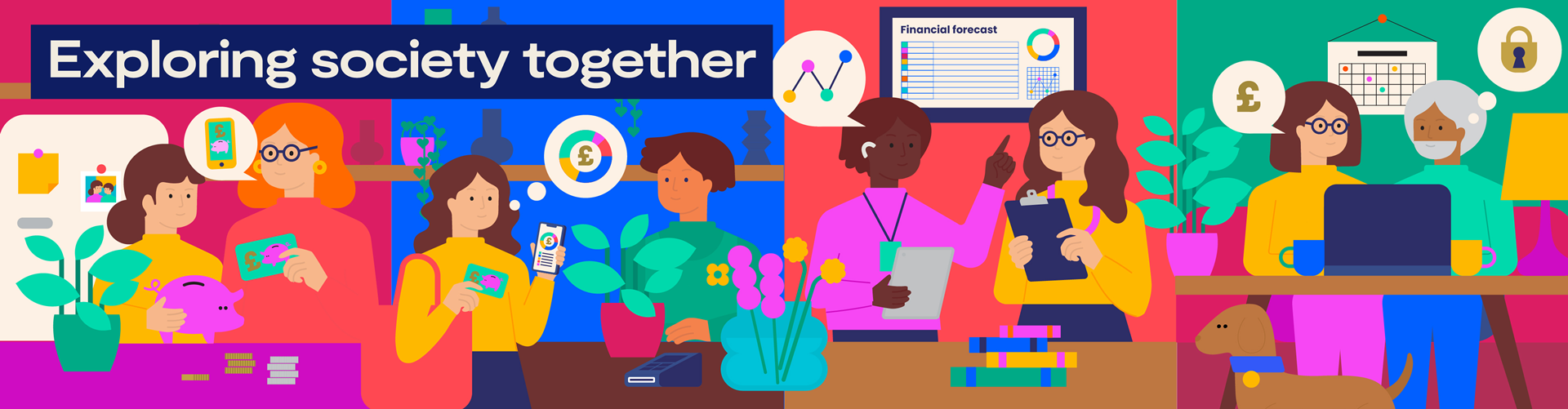 The banner art for the 2026 Festival of Social Science, which depicts numerous conversations about social science in a stark, exaggerated style and bold colours.