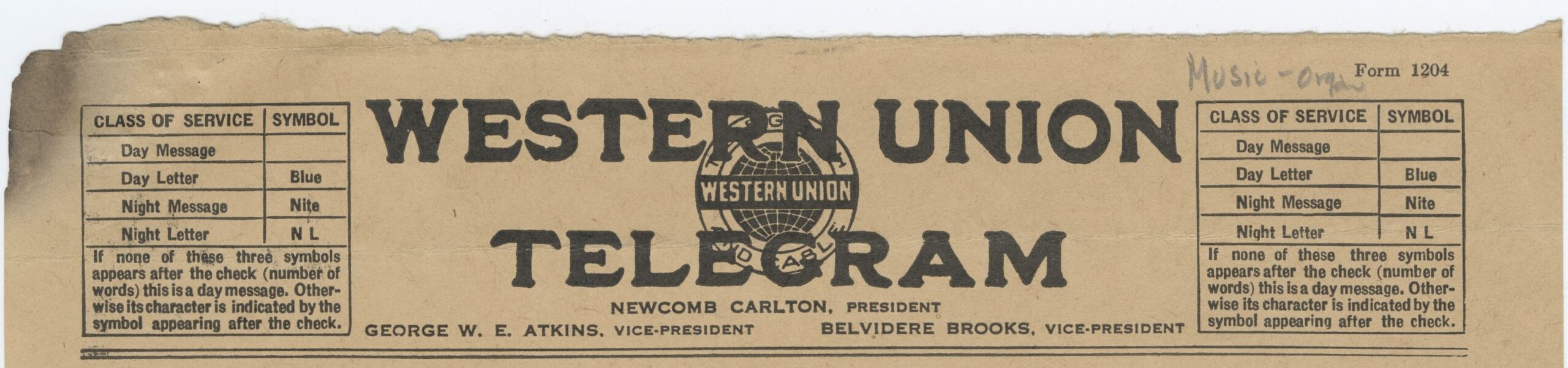 An edited image displaying the masthead of a Western Union telegram,