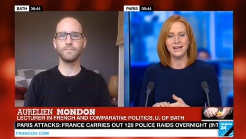 During last November's terrorist attacks in Paris, Aurélien Mondon took numerous interviews with reaction to unfolding events, including this live two-way for France 24.