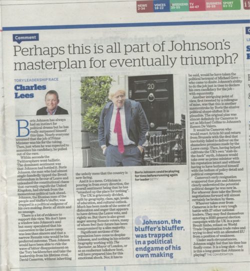 Charlie Lees' article on the decision of Boris Johnson not to stand for the leadership of the Conservative Party was republished by the i newspaper. 