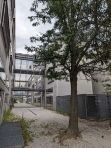 Exterior of a large concrete building.