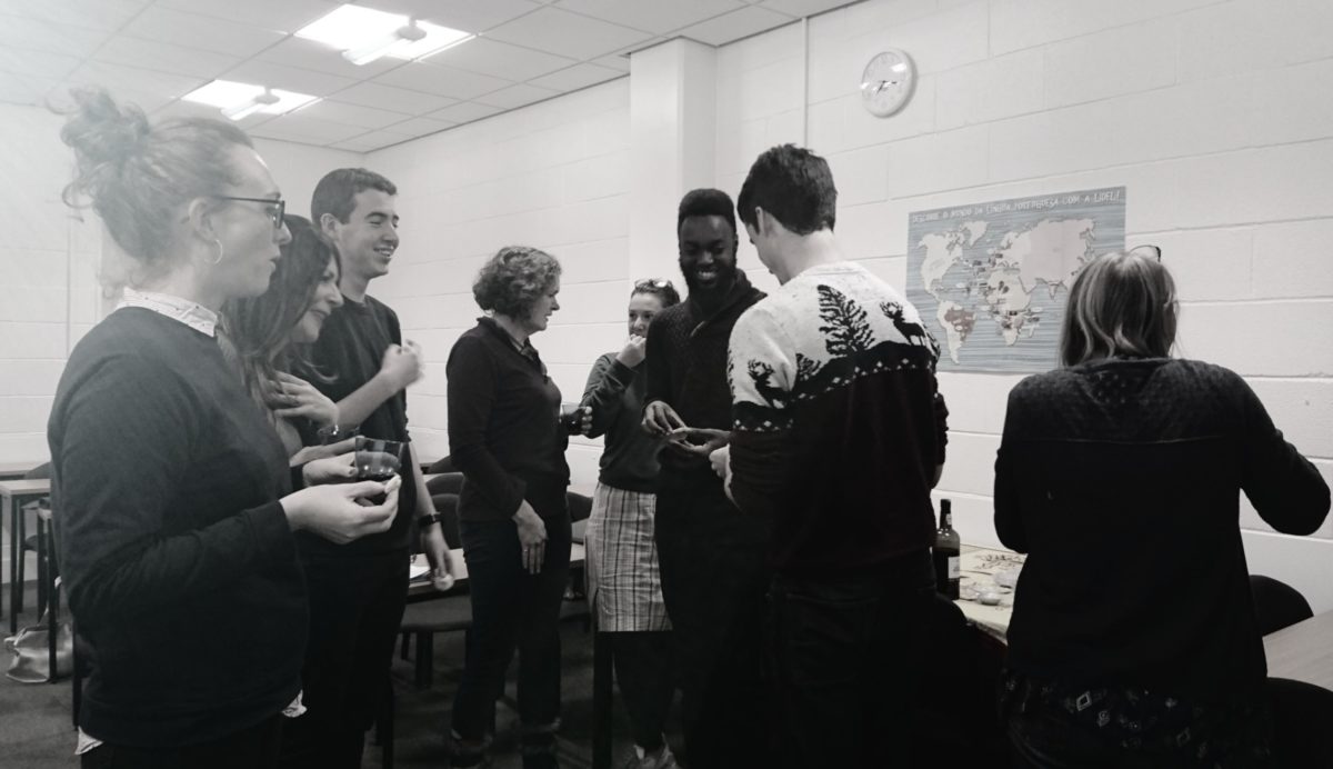 Students mingling at a Portuguese language class