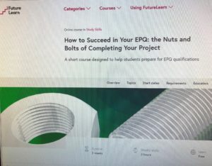 Photo of the FutureLearn web page entitled How to Succeed in your EPQ : The Nuts and Bolts of Completing your Project. There is an image of a large white nut and bolt on a green background at the bottom of the photo. The top half of the photo is mainly black and white writing while there is pink writing in the top tool bar. The black Future Learn logo is in the top left hand corner which is a combination of the words with a pink line drawing of some stairs. 