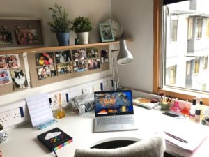 My desk in my room, with my laptop, notebook, photos on the pinboard and fake plants on the shelf above the desk