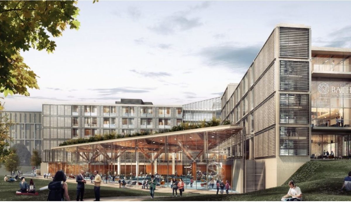 Artist's impression of the new School of Managment building with student milling around outside
