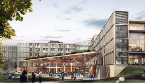 Artist's impression of the new School of Managment building with student milling around outside