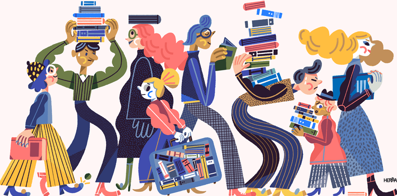 An illustration of numerous students carrying books 