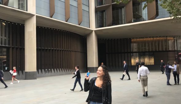 girl standing outside of the office