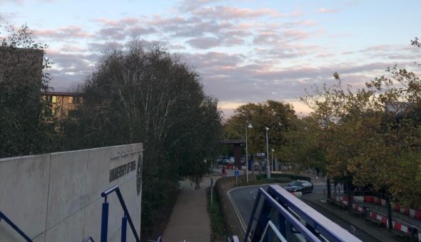 There are stairs leading down to some greenery. A wall to the left of the stairs has the University of Bath logo