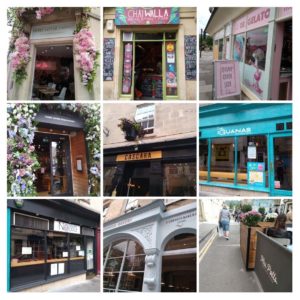 A collage of places to eat vegan: Sweet Little Things, Chai Walla, Dr Gellato, The Stable, Cascara, Las Iguanas, Noodles at Bath, The Cornish Bakery and Mrs Potts. 