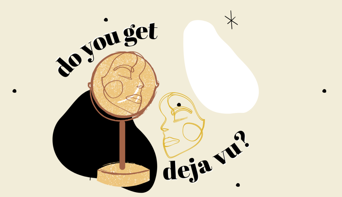 Decorative image. A standing mirror reflecting a simple line drawing face. The title of the blog 'do you get deja vu' is placed, circling the mirror.