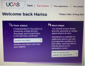 A screenshot of my acceptance from University of Bath on results day.