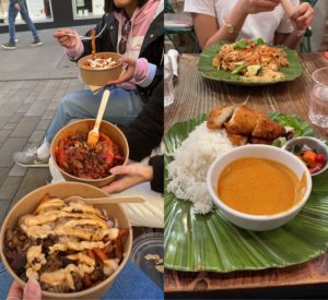 A collage, the photo to the left is three chicken meals with sweet potato fries, topped with sauce. The photo to the right is of two meals, each plated on a green leaf-shaped plate.