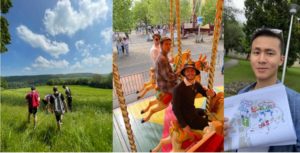 On a grassy field with friends, on a merry-go-round, me holding a map of campus