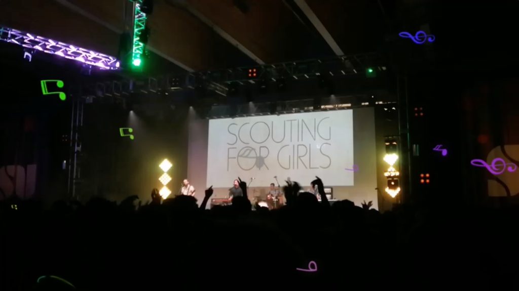 View of the stage in the arena at freshers week from the crowd. Scouting for Girls are playing. 