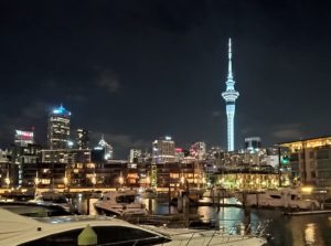 Auckland Marina and skytower at night 