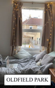 It is showing my bed by my window, decorated with fairylights and a stuffed animal.