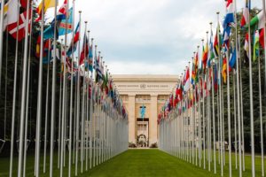 Lots of flags on flag poles outside of the United Nations building