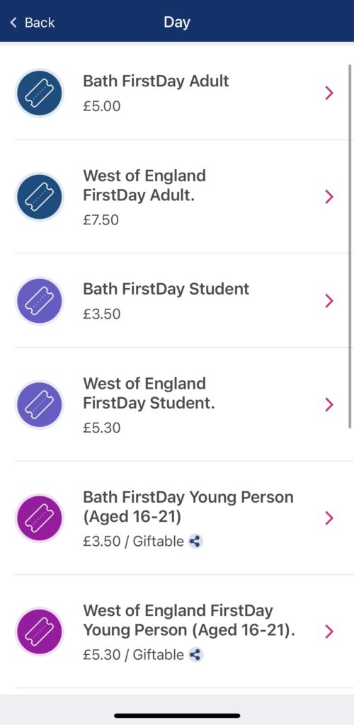 FirstBus Screenshot of different day ticket options