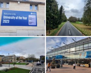 Picures showing some images of campus including Library, Arrival Square, Entry to University of Bath