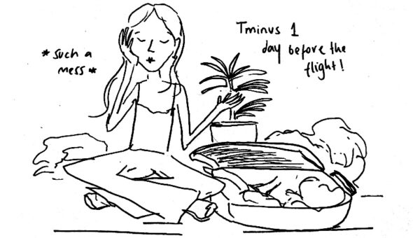 Black and white drawing of a woman packing a suitcase.