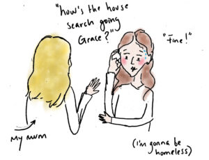 Hand drawn image of two women talking.
