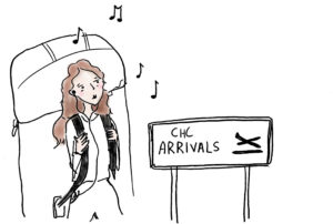 Hand drawn image of a woman with a backpack arriving at an airport.