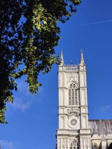 Photo of Westminster Abbey against a clear blue sky, with part of a tree hanging in the foreground.