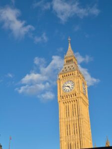 Photo of Big Ben against a clear blue sky.