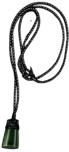 Drawing of a necklace made of woven cords, with a green rectangular stone pendant