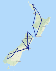 Screenshot of a map of New Zealand, with a blue line connecting different areas of the country showing a driving route