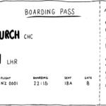 Black and white drawing of a flight boarding pass, from Christchurch (CHC) to London (LHR).