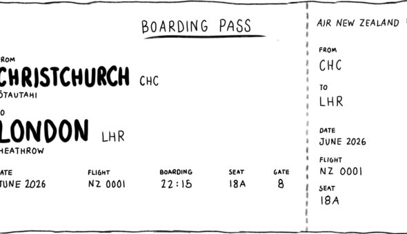 Black and white drawing of a flight boarding pass, from Christchurch (CHC) to London (LHR).