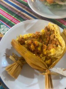 Close up of two tamalas (steamed corn parcels filled with spiced meat) on a plate