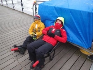 Best seat in Saltburn.  Chris and Hannah looking chilly.